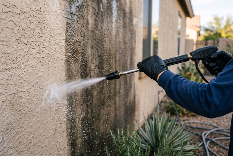 Gloved hand pressure washing an Arizona stucco home exterior with a professional spray wand