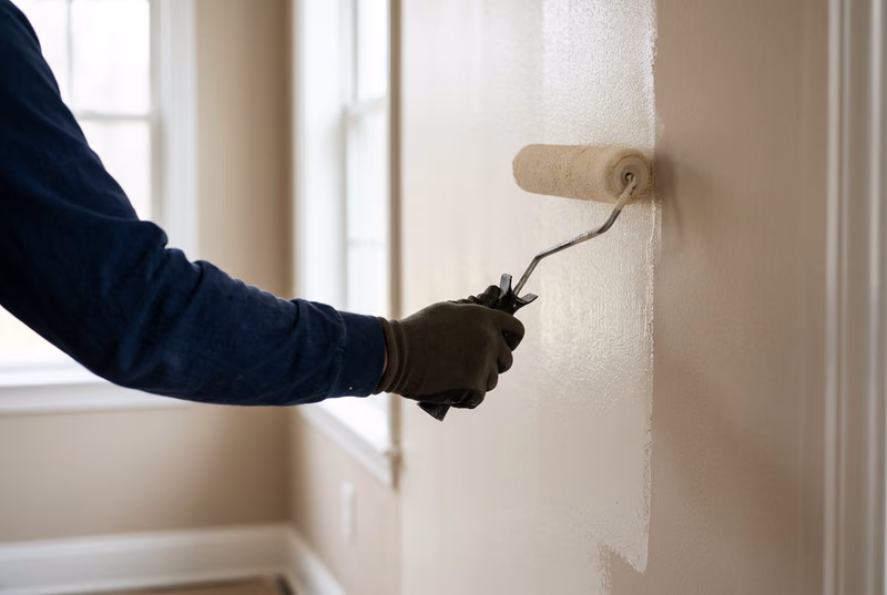 Painter's gloved hand rolling fresh off-white paint onto a residential interior wall