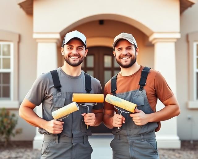 Two smiling painters in uniform standing together with paint rollers in front of a freshly painted home